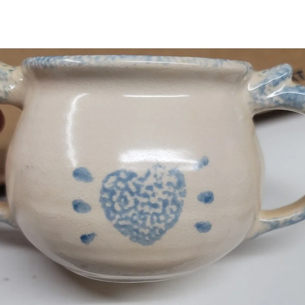 Loomco Blue Spongeware Heart Ceramic Sugar Bowl and Spoon Rest Set 90s Farmhouse